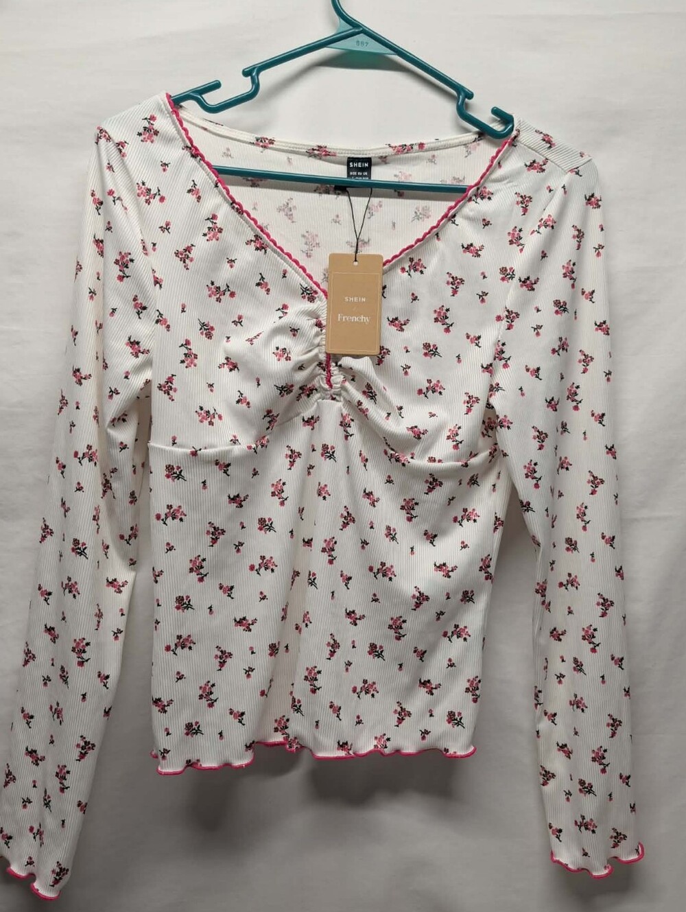 SHEIN White Long Sleeve Floral Ruched V-Neck Top with Pink Trim
